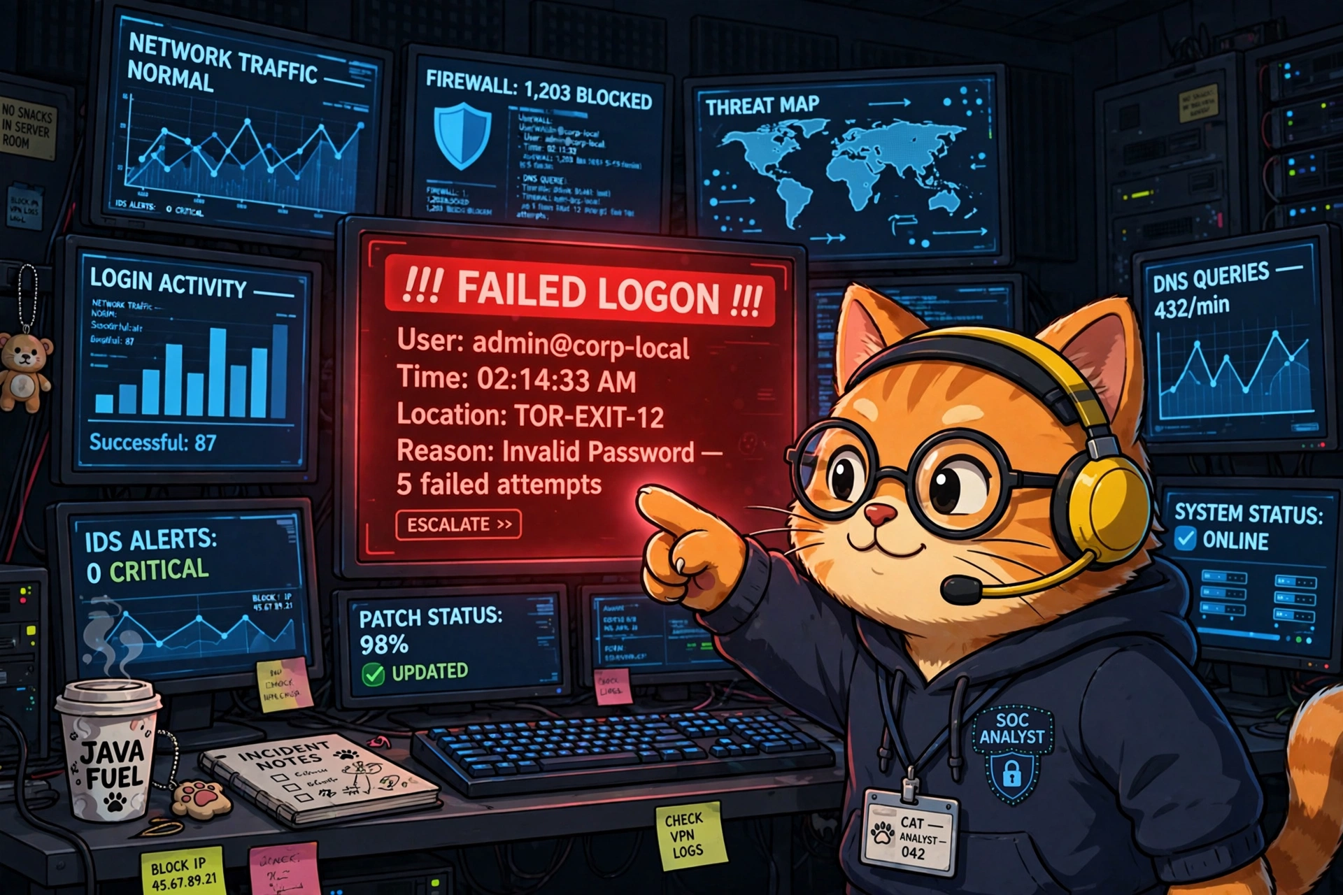 A cartoon cat security analyst at a wall of monitors, paw pointing at a glowing red FAILED LOGON alert