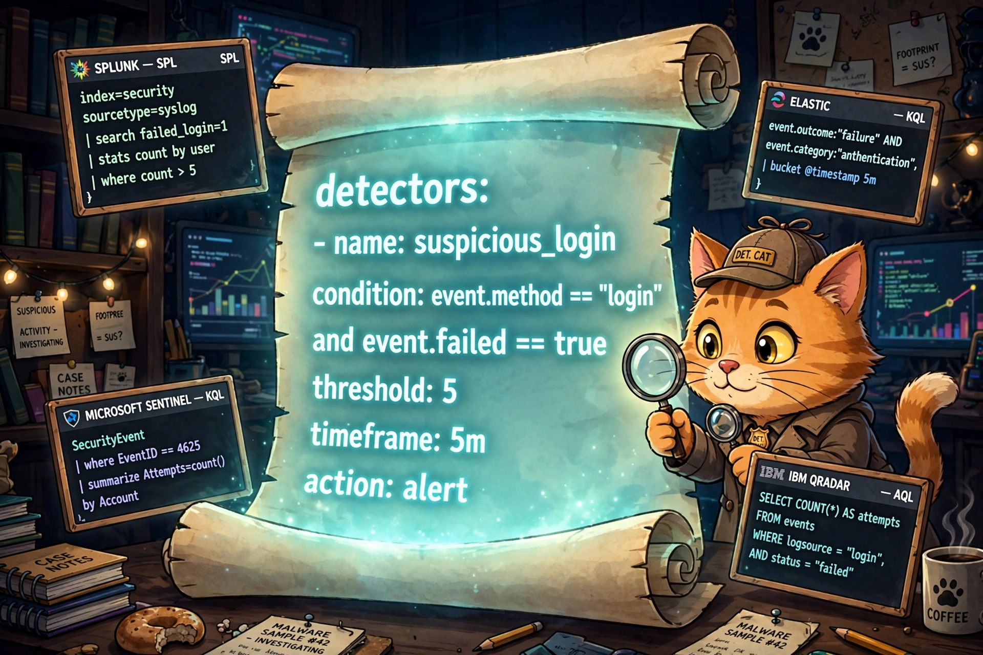 A cartoon cat detective with a magnifying glass examining a giant glowing YAML scroll, with smaller framed code windows for different SIEMs floating around it