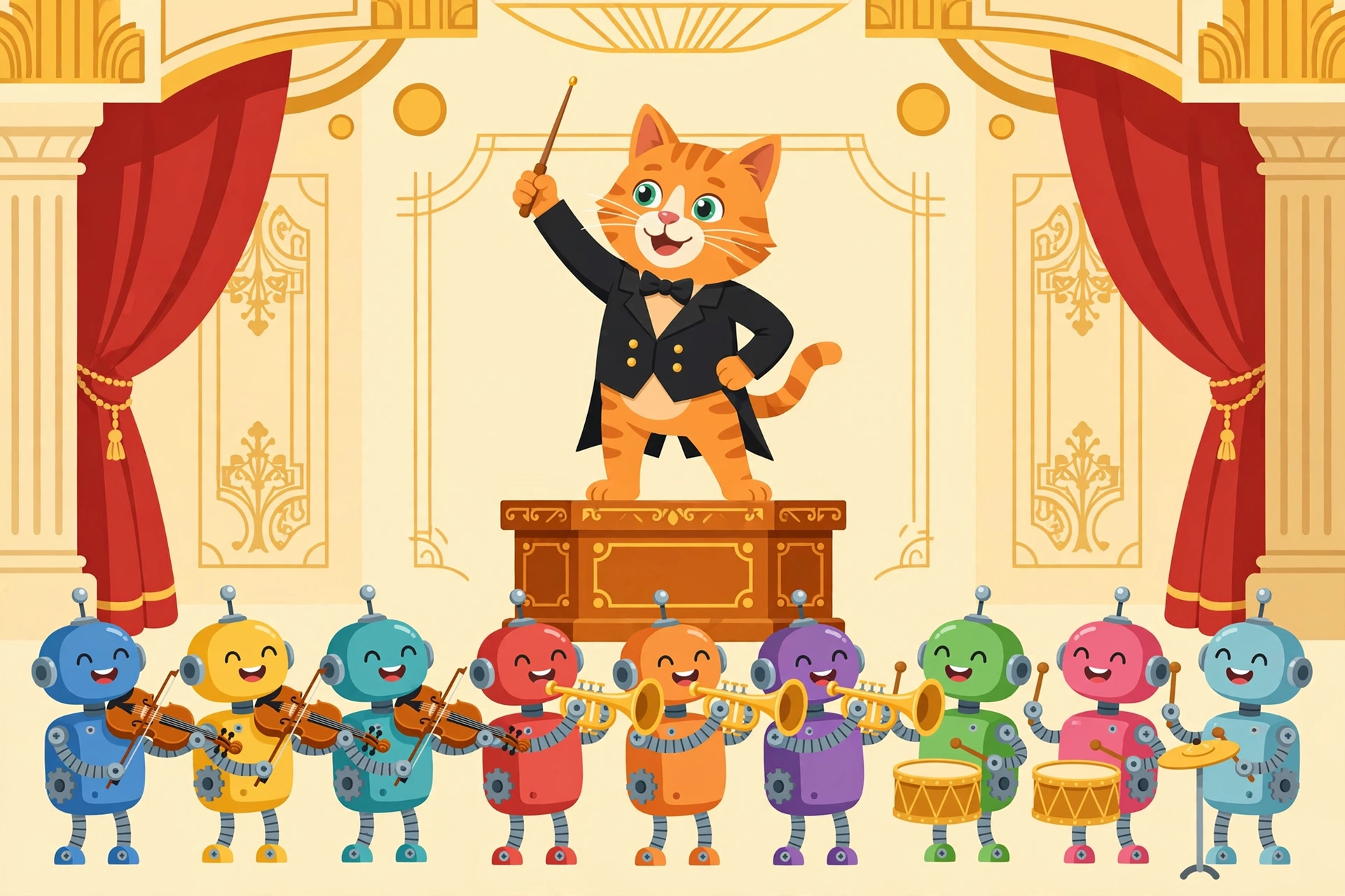 A cat conductor in a tailcoat leading an orchestra of robots