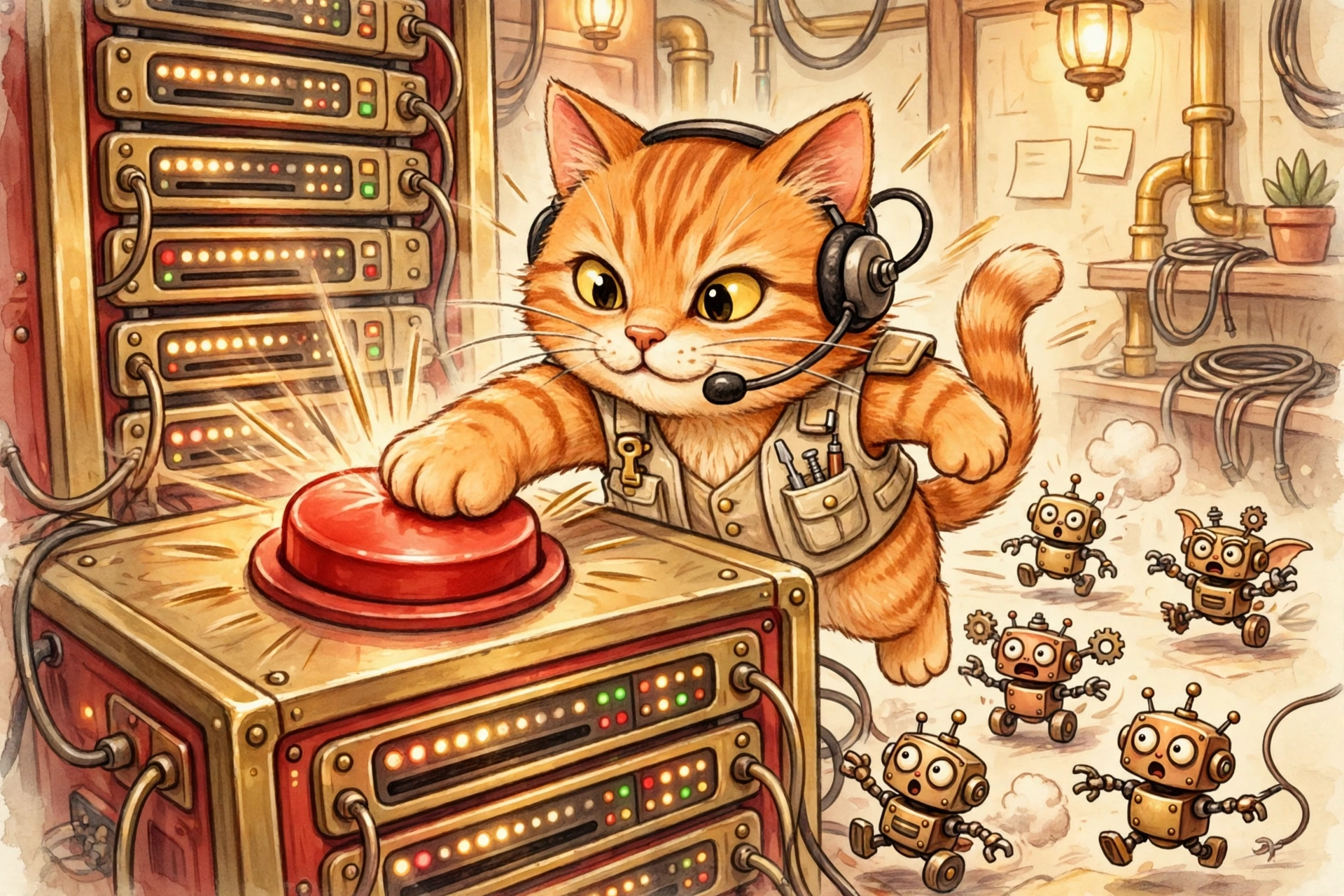 An orange tabby sysadmin cat slamming a giant red patch button on a server rack while robot gremlins scatter