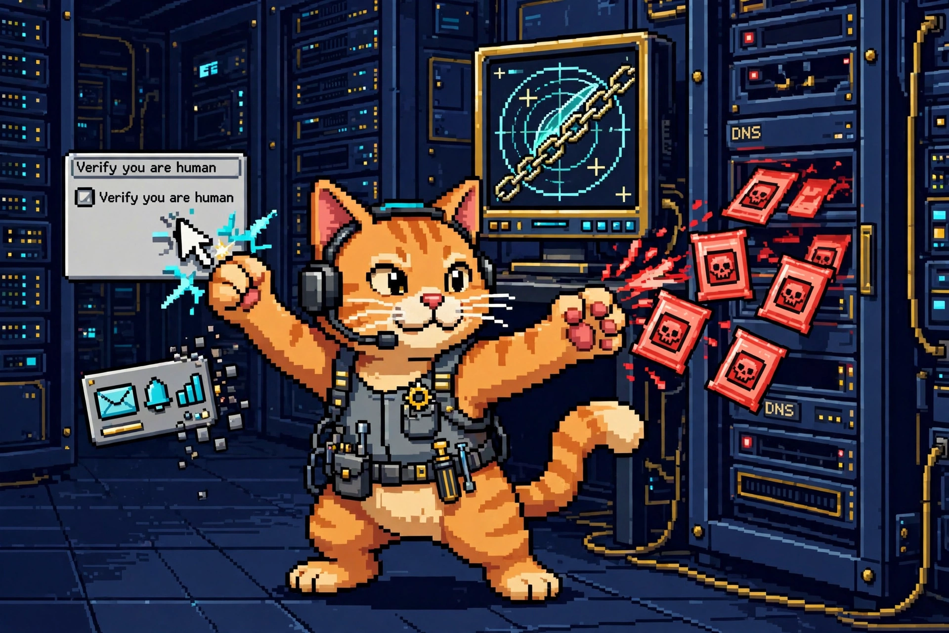 Pixel-art orange tabby sysadmin cat batting away glowing malicious DNS packets, a fake 'verify you are human' popup, and a suspicious email widget in a data center