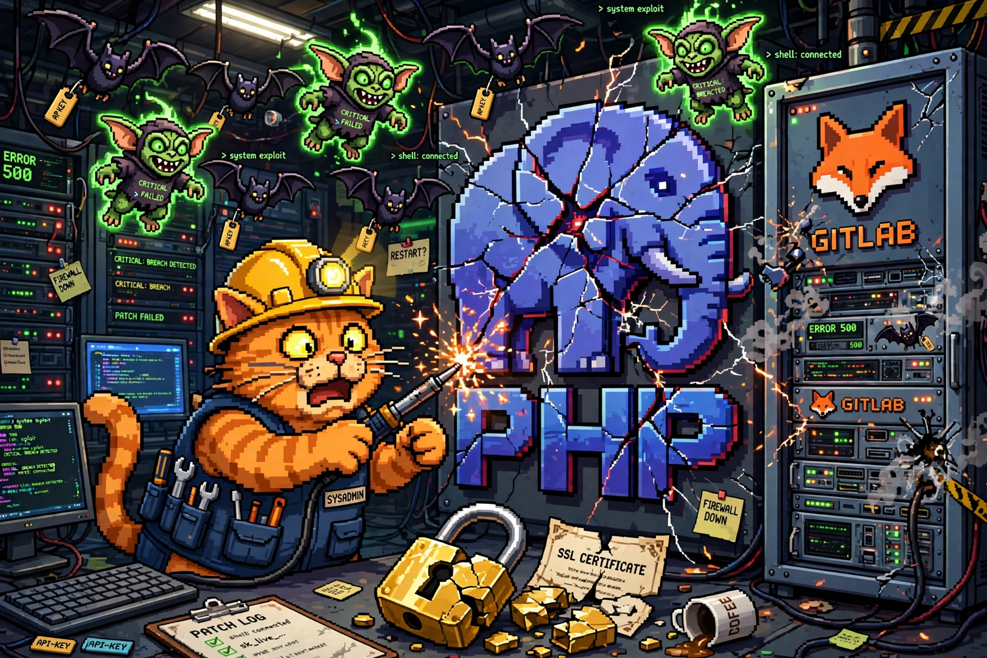 Pixel-art orange tabby sysadmin cat in a hard hat frantically patching a giant cracked PHP elephant logo and a GitLab fox server rack while glowing web-shell gremlins and stolen API-key bats swarm a server room, a broken golden padlock certificate lying on the floor