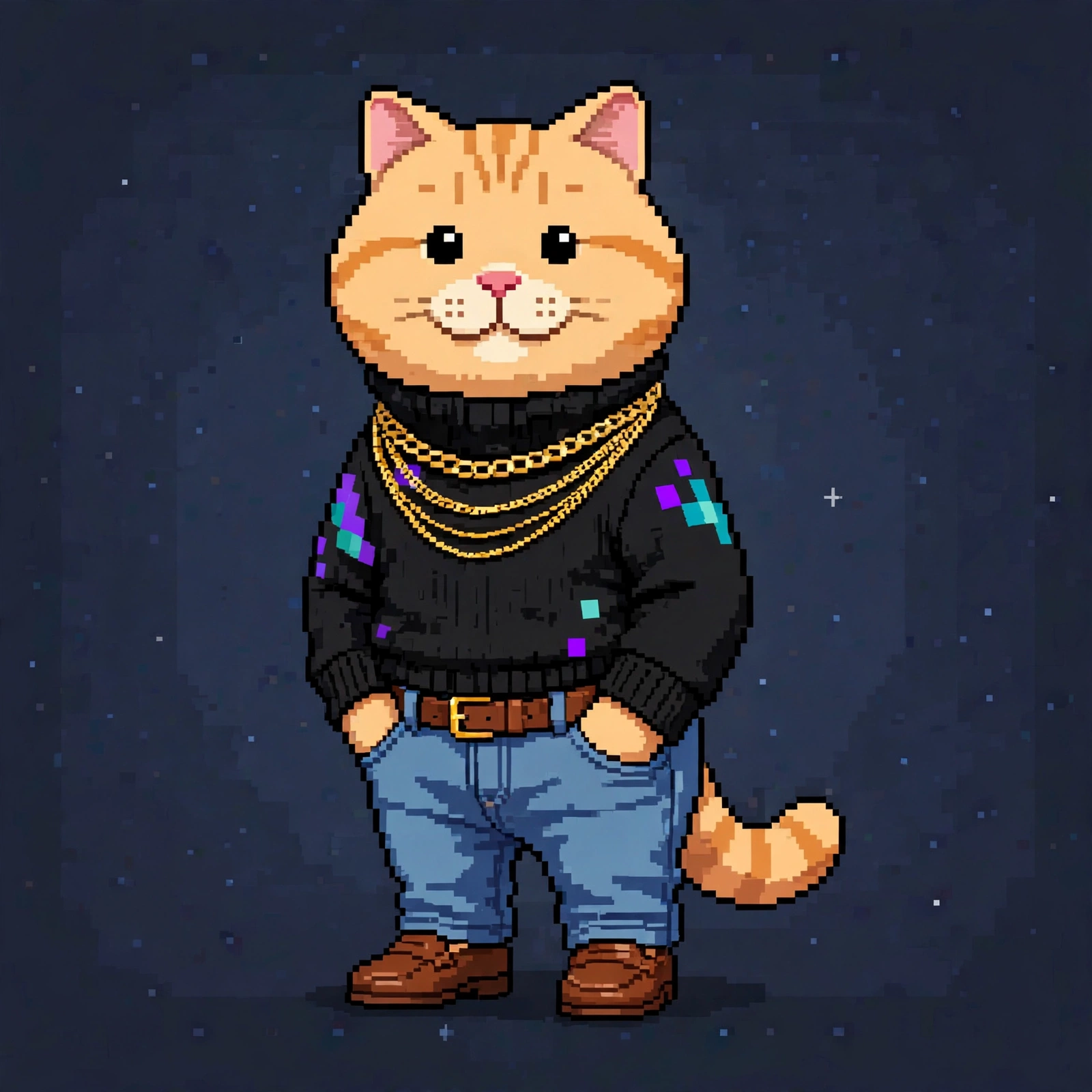 Samson the cat, CTO — black turtleneck tucked into jeans, gold chains, paws in pockets